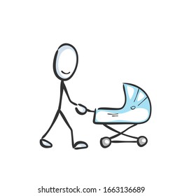 Walking with baby pram buggy. Child in stroller. Hand drawn. Stickman cartoon. Doodle sketch, Vector graphic illustration
