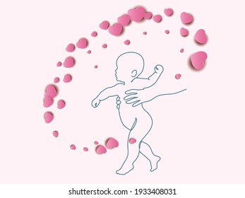 Walking baby with red hearts around. First steps Happy maternity concept of love and family. Continuous one line drawing. Vector illustration