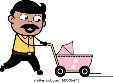Walking with Baby Stroller - Indian Cartoon Man Father Vector Illustration