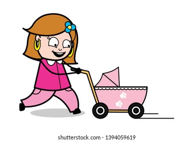 Walking with Baby Trolley - Retro Cartoon Female Housewife Mom Vector Illustration