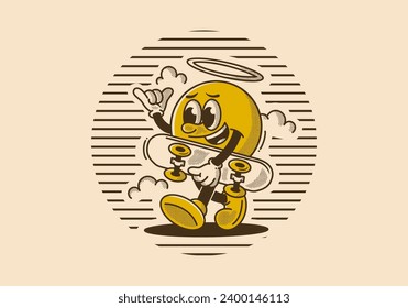 Walking ball head character holding a skate board. Retro style