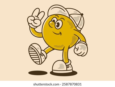 walking ball head mascot character wearing a hat with hands forming a peace symbol in retro style