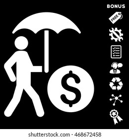 Walking Banker With Umbrella icon with bonus pictograms. Vector illustration style is flat iconic symbols, white color, black background, rounded angles.