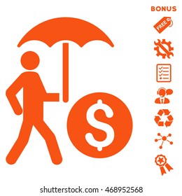 Walking Banker With Umbrella icon with bonus pictograms. Vector illustration style is flat iconic symbols, orange color, white background, rounded angles.