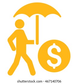 Walking Banker With Umbrella icon. Vector style is flat iconic symbol with rounded angles, yellow color, white background.