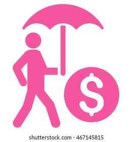 Walking Banker With Umbrella icon. Vector style is flat iconic symbol with rounded angles, pink color, white background.