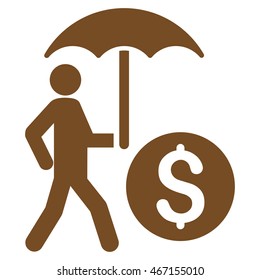 Walking Banker With Umbrella icon. Vector style is flat iconic symbol with rounded angles, brown color, white background.