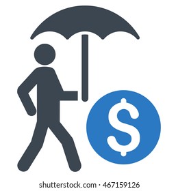 Walking Banker With Umbrella icon. Vector style is bicolor flat iconic symbol with rounded angles, smooth blue colors, white background.