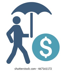 Walking Banker With Umbrella icon. Vector style is bicolor flat iconic symbol with rounded angles, cyan and blue colors, white background.
