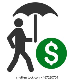 Walking Banker With Umbrella icon. Vector style is bicolor flat iconic symbol with rounded angles, green and gray colors, white background.