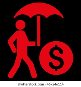 Walking Banker With Umbrella icon. Vector style is flat iconic symbol with rounded angles, red color, black background.