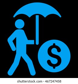 Walking Banker With Umbrella icon. Vector style is flat iconic symbol with rounded angles, blue color, black background.