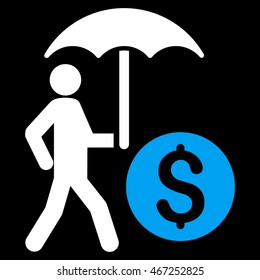 Walking Banker With Umbrella icon. Vector style is bicolor flat iconic symbol with rounded angles, blue and white colors, black background.