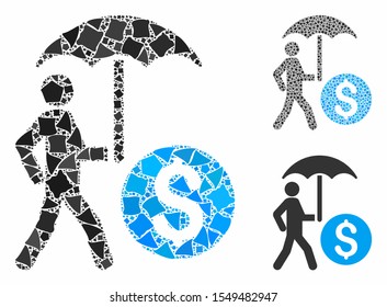 Walking banker with umbrella mosaic of bumpy elements in various sizes and color hues, based on walking banker with umbrella icon. Vector joggly elements are organized into composition.