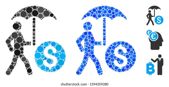 Walking banker with umbrella mosaic of spheric dots in variable sizes and color tones, based on walking banker with umbrella icon. Vector dots are composed into blue mosaic.
