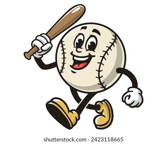 walking Baseball with bat cartoon mascot illustration character vector clip art hand drawn