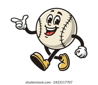 walking Baseball with pointing finger cartoon mascot illustration character vector clip art hand drawn