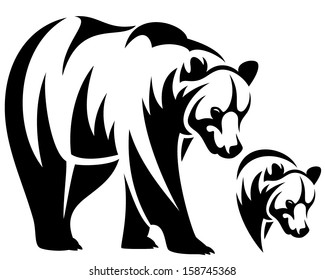 Walking Bear And Animal Head Black And White Vector Outline Emblem