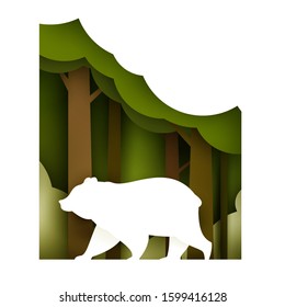 Walking bear on green forest in paper cut trendy craft cartoon style. Minimalistic creative modern design for branding background greeting card, cover, poster, banner. Vector illustration.