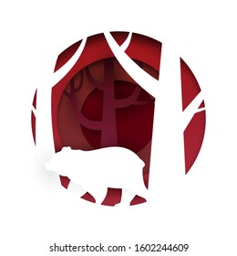 Walking bear on red forest in paper cut trendy craft cartoon style. Minimalistic creative modern design for branding background greeting card, cover, poster, banner. Vector illustration.