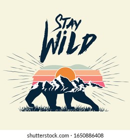 Walking bear silhouette with mountains landscape double exposure effect and stay wild caption. Wild nature concept. Vector illustration.