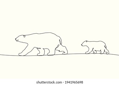 Walking bears. Linear animal family contour. Continuous single line