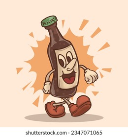 walking beer bottle with happy cartoon face concept. funky beer retro mascot illustration