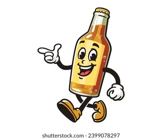 walking Beer Bottle with pointing hand cartoon mascot illustration character vector clip art