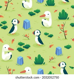 Walking birds on a light green background among plants and stones