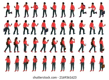 Walking Black People Isometric Big Set Of Male And Female Characters In Red Clothes Isolated Vector Illustration