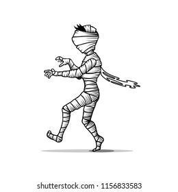 walking black and white mummy character isolated on white. Halloween concept vector illustration