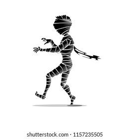 walking black and white mummy character isolated on white. Halloween concept vector illustration