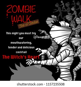 walking black and white mummy character  Halloween invitation. Zombie walk concept. vector illustration