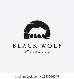 Walking Black Wolf Fox Dog Coyote Jackal Sunset Rustic Vintage Silhouette Retro Hipster for Movie Production Logo