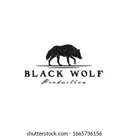 Walking Black Wolf Fox Dog Coyote Jackal Rustic Vintage Silhouette Retro Hipster Logo Design