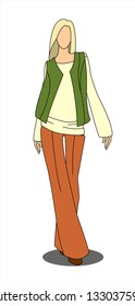 Walking blonde in a vest, pullover and trousers. Vector image isolated.