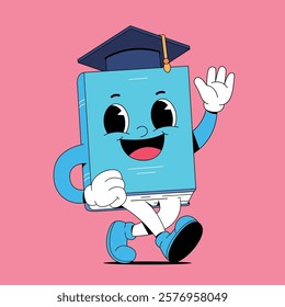 Walking book mwith graduation hat retro cartoon mascot