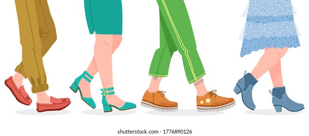 Walking boots. People walking in modern shoes, man and woman feet in stylish footwear vector illustration. Footwear people walking, modern fashion casual