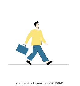 A walking boy with a bag in his hand,wearing a yellow shirt