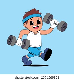 Walking boy with barbells cartoon