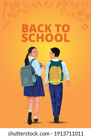 Walking boy and girl back to school illustration Children go to school with their back packs and in school uniforms Education Happy to study Vector illustration used for workflow poster, banner game	