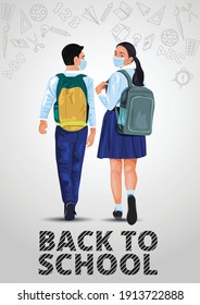 Walking boy and girl back to school illustration Children go to school with their back packs and in school uniforms Education Happy to study Vector illustration for coronavirus, covid-19 concept