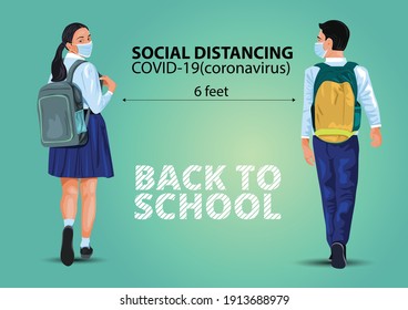 Walking boy and girl. keep social distancing. back to school illustration with their back packs and in school uniforms Education Happy to study Vector illustration for coronavirus, covid-19 concept	