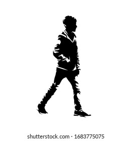 Walking boy, side view. Isolated vector silhouette. Young student going with hands in pockets. Ink drawing