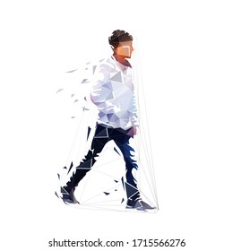 Walking boy, side view. Isolated low poly vector illustration. Young student going with hands in pockets. Geometric drawing