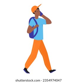 Walking boy talking on phone. Student male calling by smartphone vector illustration