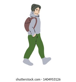 Walking boy in trendy flat linear style