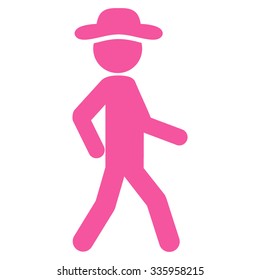 Walking Boy vector icon. Style is flat symbol, pink color, rounded angles, white background.