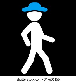 Walking Boy vector icon. Style is bicolor flat symbol, blue and white colors, rounded angles, black background.