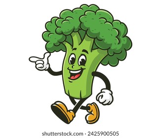 walking Broccoli with pointing finger cartoon mascot illustration character vector clip art hand drawn